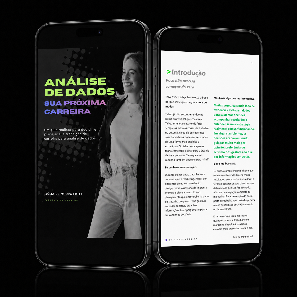 Dois celulares: um mostra a capa do e-book e o outro a página 3, com a introdução Você não precisa começar do zero