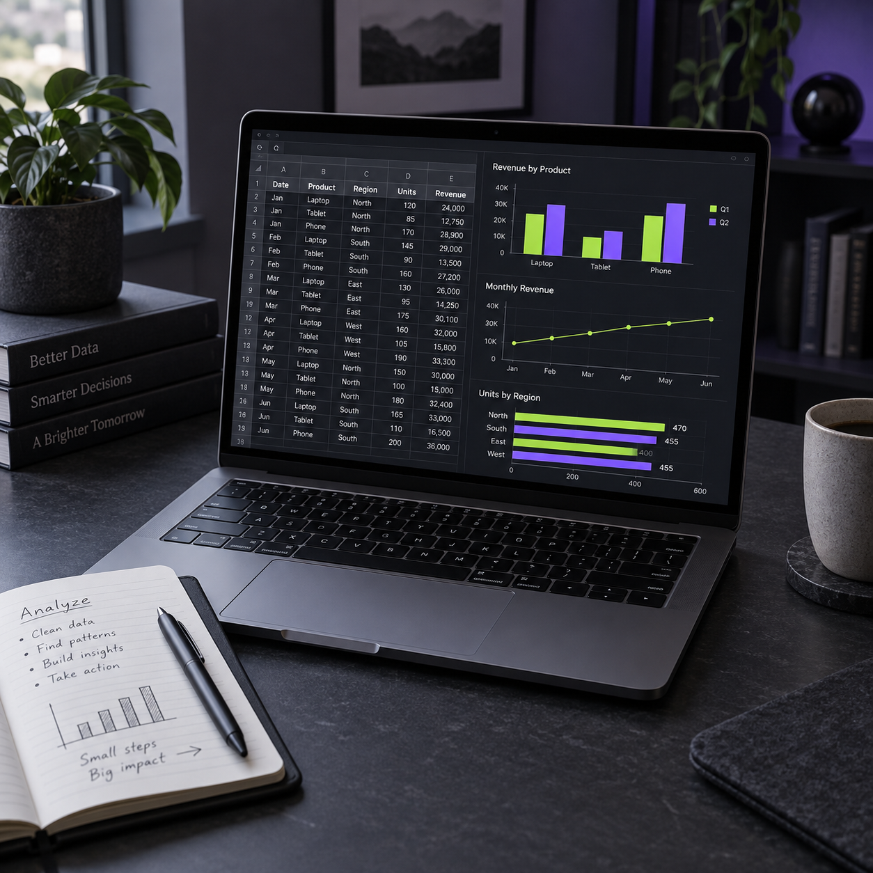 Planilha e dashboard de análise de dados em um notebook